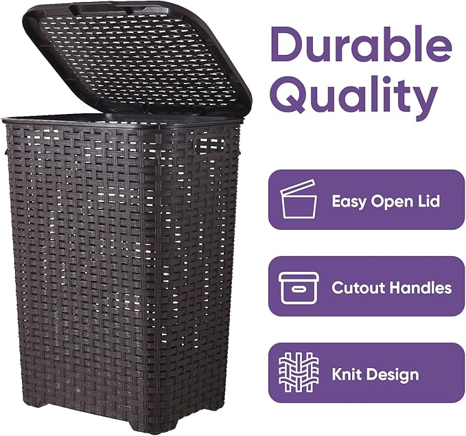 Superio Laundry Hamper Basket With Easy Open Lid 60 Liter Large Wicker Hamper, Dirty Cloths Storage With Two Cutout Handles, Laundry Room Bin (2 Pack, Brown)