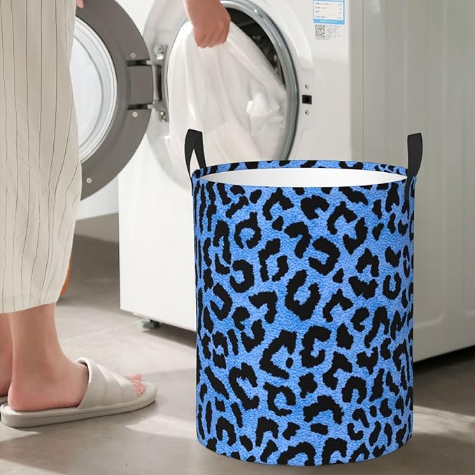 Blue Leopard Round Laundry Hamper Storage Basket Toys Clothes Organizer Bin For Home Bathroom Bedroom Dorm Nursery, 62l
