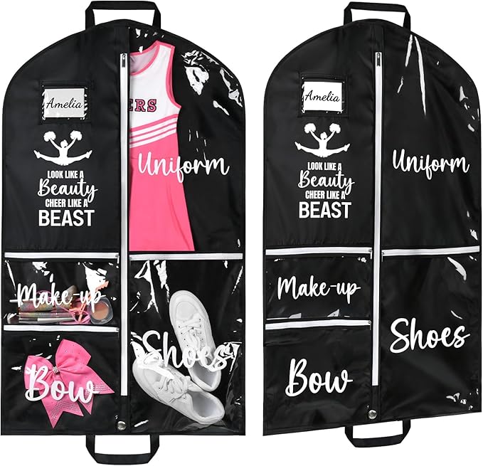 DEEKA Cheer Garment Bag for Hanging Clothes with Zipper Pockets Cheer Accessories Mom Essentials Uniform Costume 40 Inch Black Bags Stuff for Cheerleading Girls (Black,White-Cheer Quote)