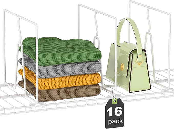 Wire Shelf Dividers for Closet: Tall 16 Pack 12-inch Deep Wire Rack Accessories - Adjustable Purse Organizer for Clothes Handbags - Metal Pantry Separators