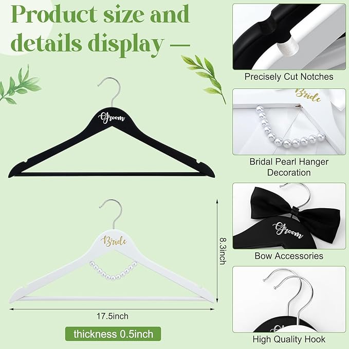 2 Pack Bride and Groom Wedding Hanger Set with Ribbon Bow Wooden Dress Suit Hanger Gift for Wedding Bridal Party Photo Decor(Black and White,Classic)