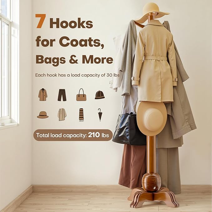 Hall Tree, Freestanding Wood Tree Rack with 7 Hooks, Coat Rack with Stable Sphere Base, Wooden Coat Rack Stand, Load 210 lb, Coat Hanger Stand for Entryway, Hallway, Bedroom (Natural)