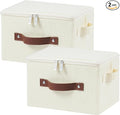 2 Pack Storage Bins with Zipper Lid Cotton Linen Fabric Lidded Storage Baskets Boxes Foldable Washable Closet Shelf Clothes Organizer Container with PU Leather Handles (Beige, Small Size)