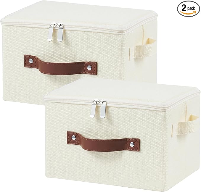 2 Pack Storage Bins with Zipper Lid Cotton Linen Fabric Lidded Storage Baskets Boxes Foldable Washable Closet Shelf Clothes Organizer Container with PU Leather Handles (Beige, Small Size)