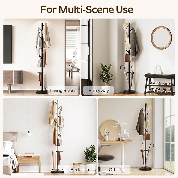 Coat Rack Freestanding, Coat Rack Stand with Umbrella Holder, Heavy Duty Coat Tree for Entryway, Modern Clothing Rack for Hats, Bags, Metal Coat Hanger Stand for Bedroom, Office, Black YM03BB