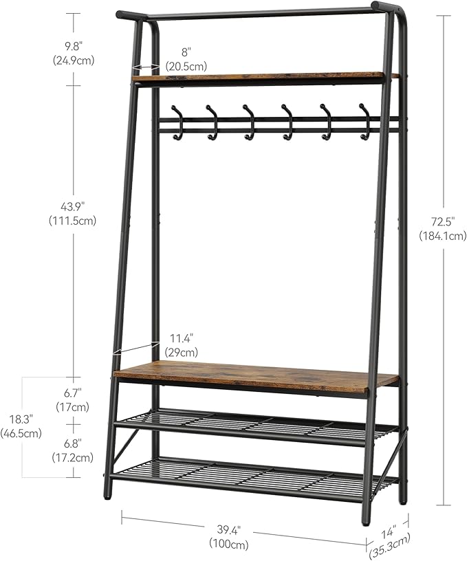 GAOMON Coat Rack, Hall Tree with Shoe Storage Bench, 3-in-1, Multifunctional Hallway Organizer, Shoe Storage with Coat Rack Stand, 5 Hooks, Metal Frame, for Entryway, 35.3 x 39.4 x 72.5