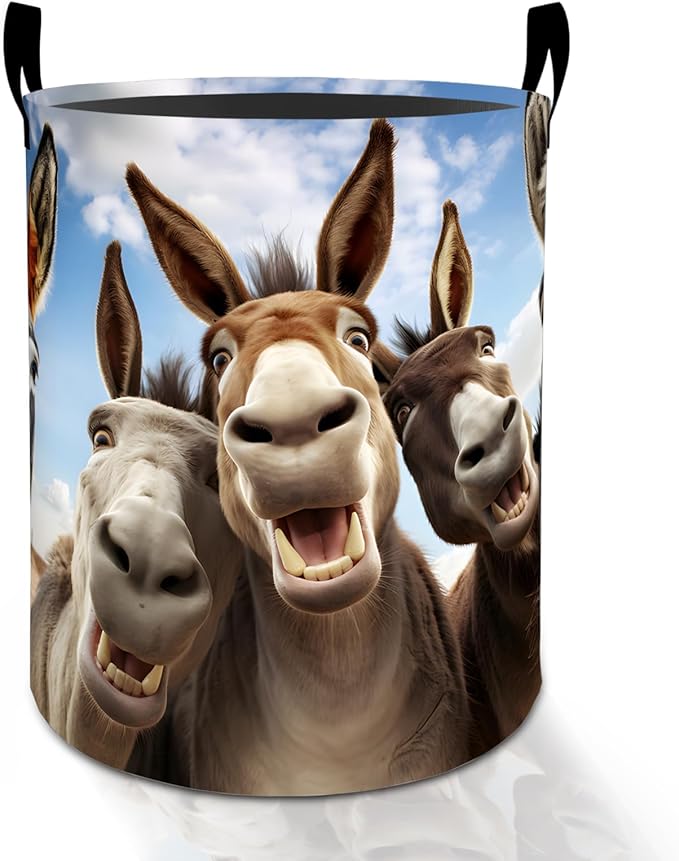 Funny Donkey Laundry Basket Hamper for Boys Girls Kids Adults, Foldable Waterproof Oxford Clothes Storage Bin, Farm Animal Organizer for Bedroom Bathroom Room Decor 19.7"x15.8"