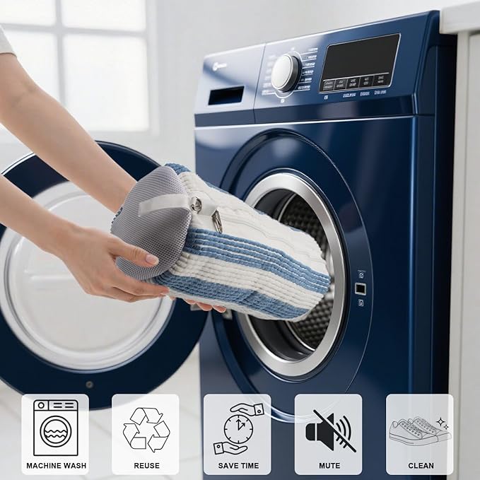 Shoe Washing Machine Bag,Blue and white stripes Mesh Shoe Washing Bag for Washing Machine - Large Size Fits various Shoes, Chenille Fabric Protection, Zipper Laundry Bag for Sneakers (2 Pcs)