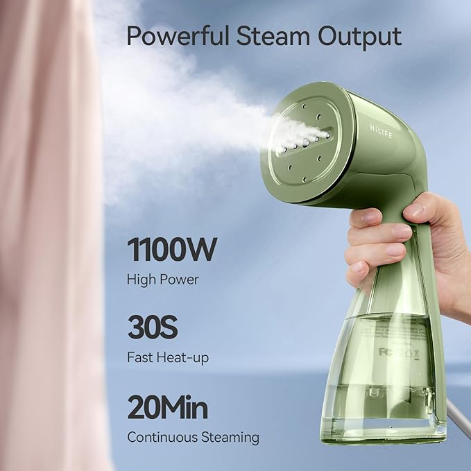 HiLIFE Steamer for Clothes, 1100W Clothes Steamer, Fast Wrinkle Removal with Large 300ml Tank, Ideal for All Fabrics, Easy to Use, Compact and Portable Travel Garment Steamer