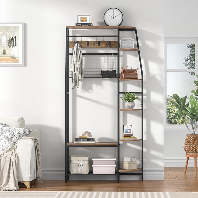 Giluta Coat Rack, 70" Hall Tree with Bench and Shoe Storage, Freestanding Entryway Coat Storage Rack with Hooks and Wooden Storage Shelves for Entryway, Living Room, Bedroom