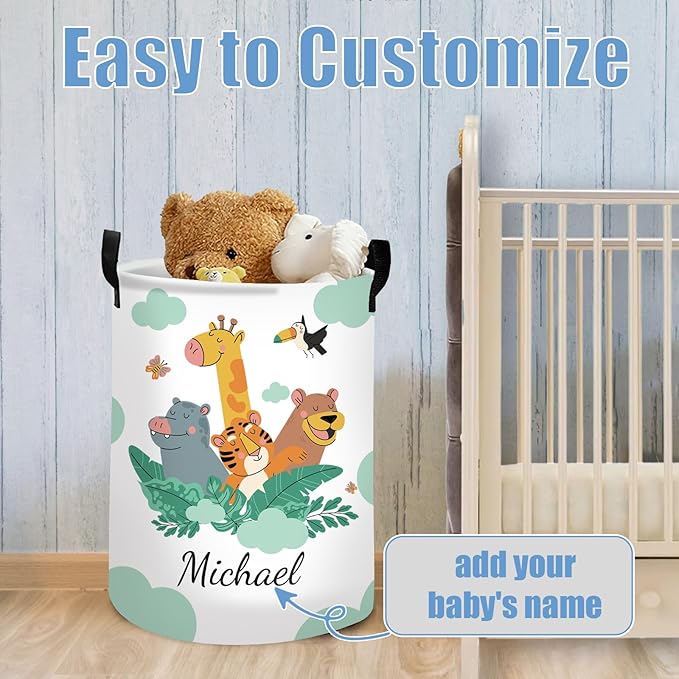 Personalized Woodland Animals Baby Nursery Hamper for Kids, Custom Name Laundry Baskets for Adults, Personalized Toddler Hamper with Name, Clothes Storage Organizer Waterproof