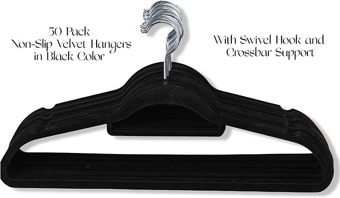 Premium Velvet Hangers 50 Pack, Non-Slip, Space-Saving, Heavy Duty for Coats, Pants, Dresses, 360 Swivel Hook, Heavy-Duty Clothes Hanger - Black