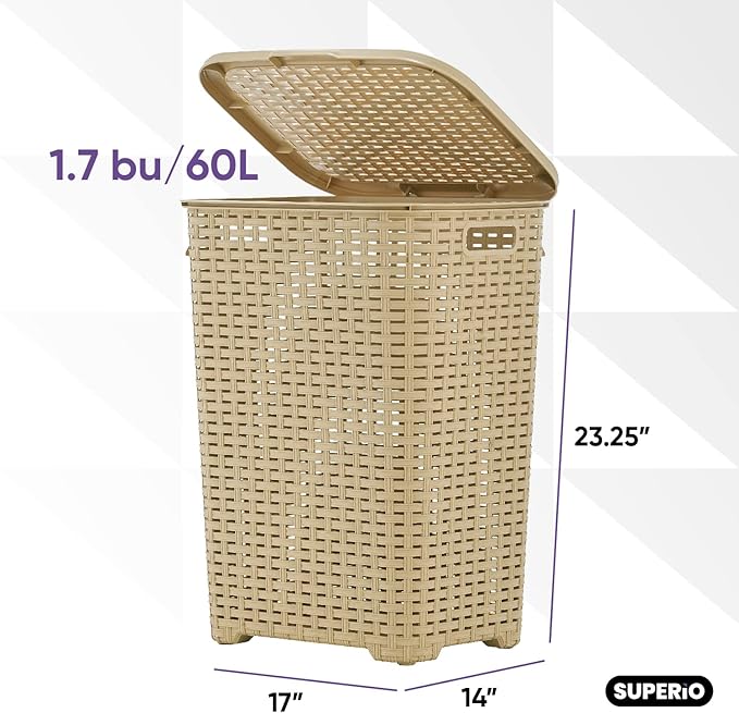 Plastic Laundry Hamper with Lid 3 Pack Laundry Hamper Basket, Beige Tall Cloths Hamper Organizer with Cut-out Handles. Space Saving for Laundry Room Bedroom Bathroom, Wicker Design 60 Liter