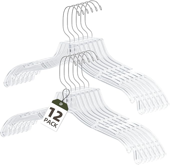 Clear Plastic Hangers 12 Pack, Heavy Duty Clothes Hangers with 360° Swivel Hook, 2.1" Ultra-Wide Non-Slip Notches & Non-Slip Grips for Dresses, Shirts, Coats, Suits