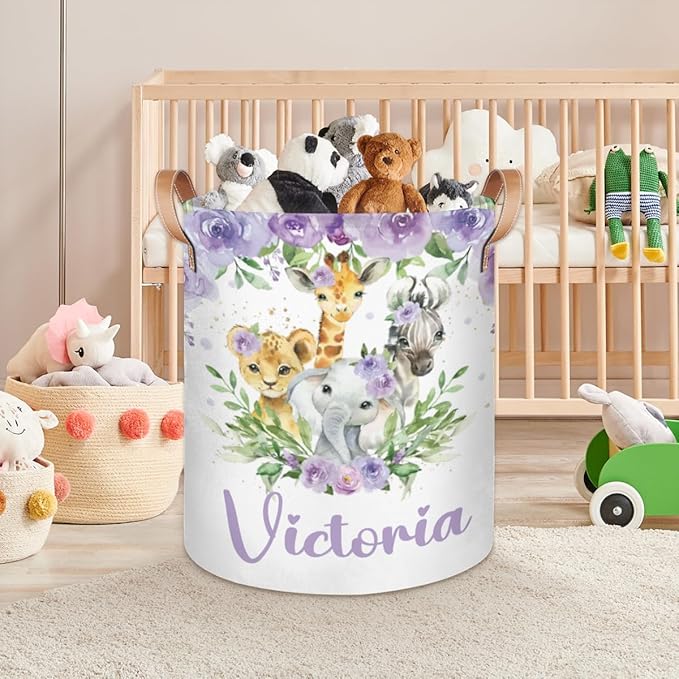 Personalized Laundry Basket, Custom Gift Laundry Hamper, Collapsible Nursery Waterproof Laundry Baskets, Dirty Clothes Toy Hamper with Handles Jungle Animal Purple Floral