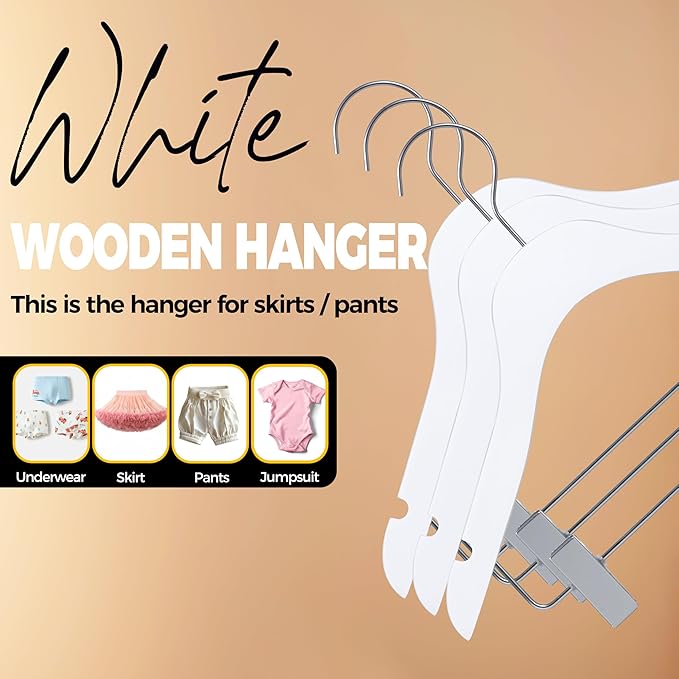 Quality 12-Inch Ultra Slim Kids Wooden Hangers – 100-Pack – Space Saving White Design with Nickel Swivel Hook – for Baby Clothes, Shirts & Dresses (White, Skirt/Blouse, 100 Pack)