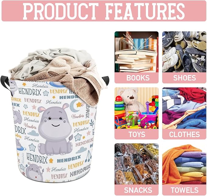 Hippo Laundry Basket,Personalized Laundry Hamper for Boys Girls,Custom Laundry Basket With Name, Customized Dirty Clothes Hamper for Bathroom Bedrooms,M-19.5"X 15.7"