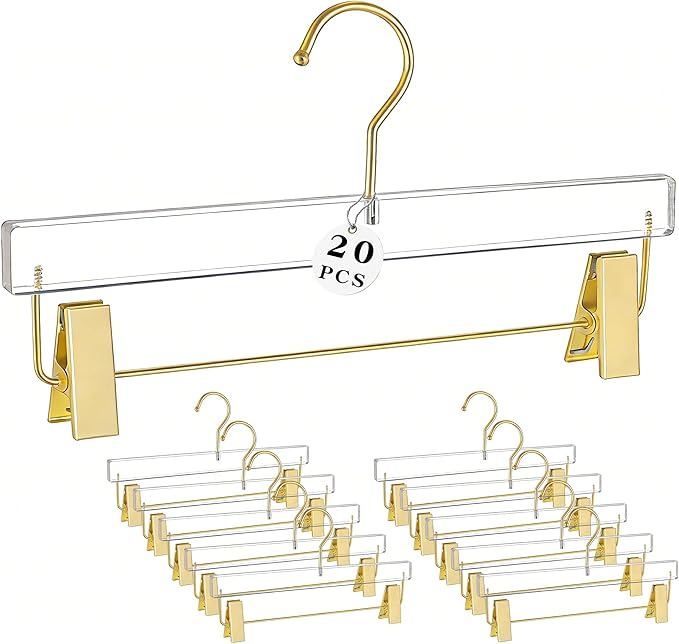 Besser Gold Acrylic Hangers,20 Pack Clear Hangers with Gold Hooks,Luxurious Skirt Pants Hangers Gold Clips for Clothing Closet Storage