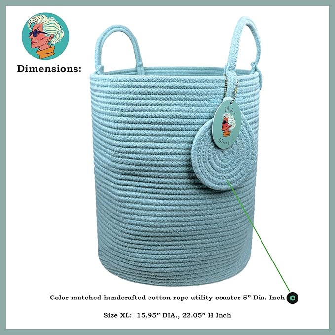 Modern Granny Extra Large Cotton Rope Laundry Hamper 16x22 Inch Dual Secure Woven Handle for Living Room Closet Clothes Blanket Organization