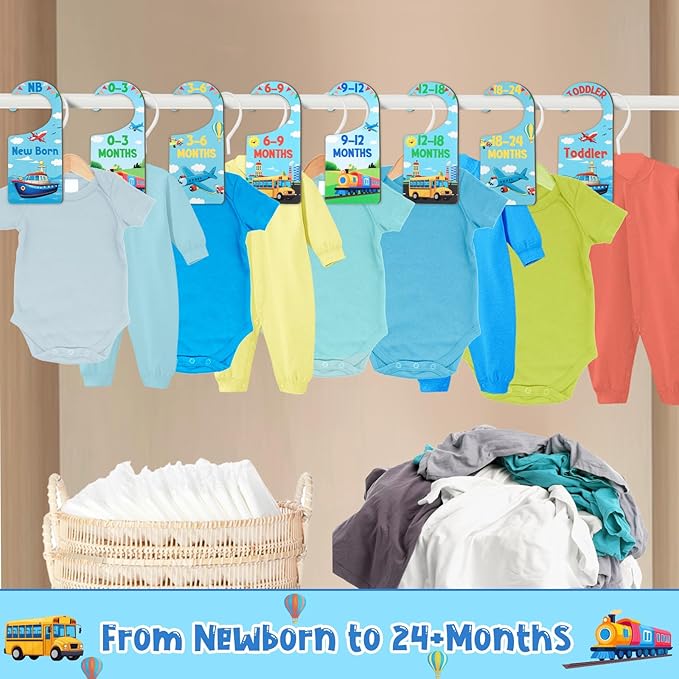 Baby Closet Dividers 8PCS, Transportation Themed Wooden Double-Sided Clothes Size Hanger/Organizer from Newborn to Toddler for Nursery Decor Baby Shower Birthday Gender Reveal Party Gift