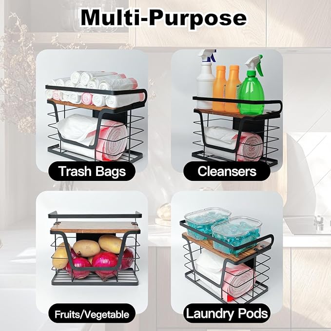 2 Pack Magnetic Trash Bag Holder, Wood Top with Guardrail, Garbage Bags, Potato and Onion Storage Bin, Magnetic&Adhesive Mount Trash Bag Dispenser for Fridge, Washer, Under Sink and RV Storage, Black