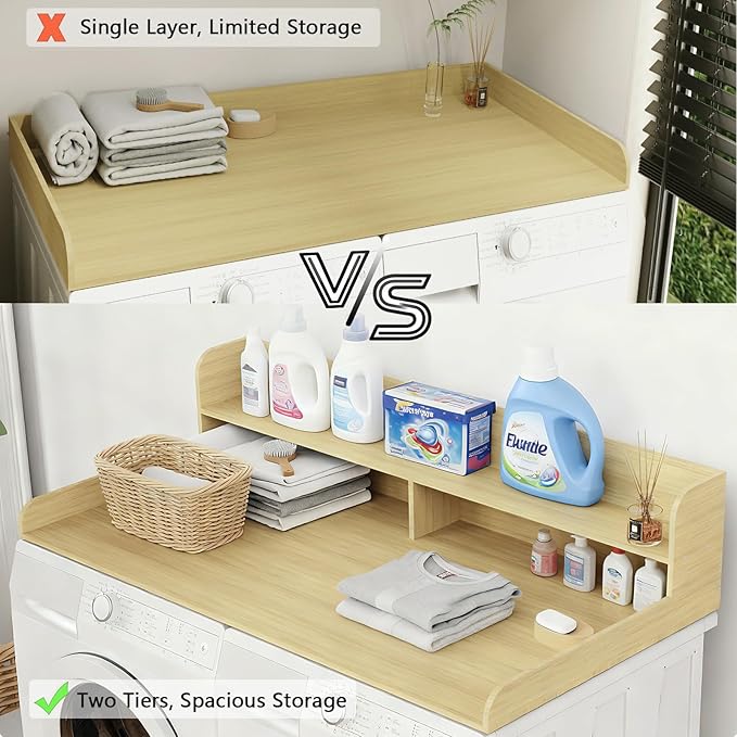Fabuday 2-Tier Wood Washer Dryer Countertop with Shelf - Two Layers Laundry Topper for Storage & Organization, 54''x27.5''x11.9'' Counter Table with Edge Over Washing & Dryer, White Oak