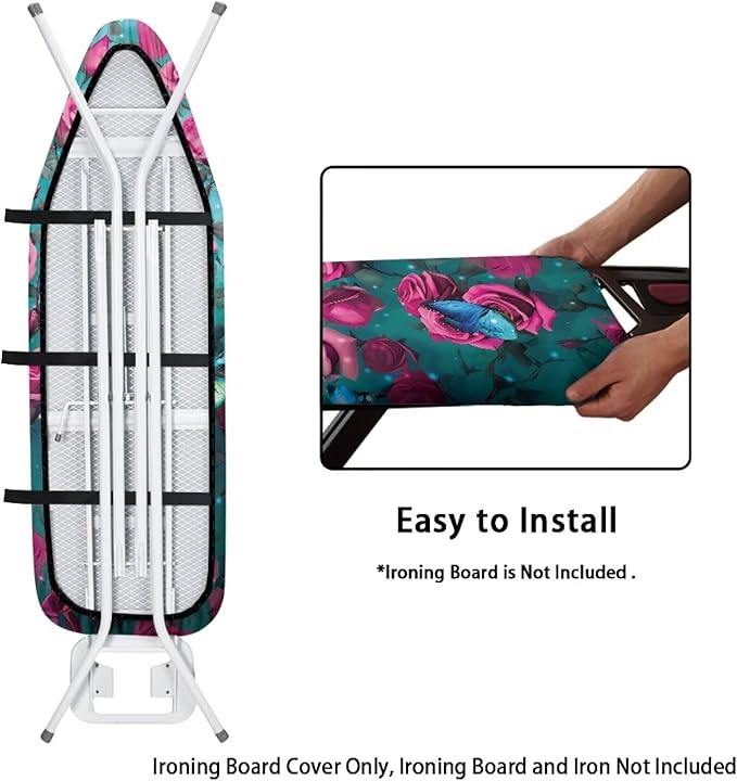 Pink Rose Ironing Board Cover and Pad Heat Reflective Stain Resistant Iron Board Cover with Padding Standard Size 15x54 Pressing Cloth for Ironing