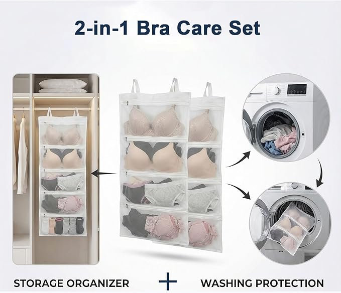 2PCS Bra Laundry Bags for Washing Machine, Delicates Bra Washing Bags for Laundry and Storage, Holds 8 D–F Cup Sizes, 4-in-1 Clean Dry Store Dust-Proof Design, Cleans Better Than Single Bag