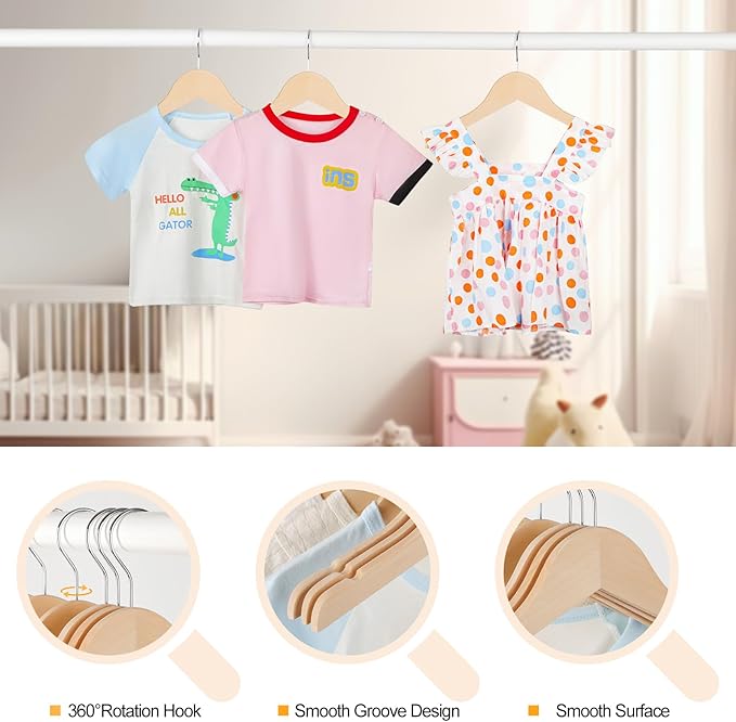 TOPIA HANGER Unfinished/Natural Kids Children Baby Wood Wooden Clothes Dress Shirt Hangers with No Painting - 360°Stronger Flexible Hook- Extra Smoothly Cut Notches, 10 Pack CT09N