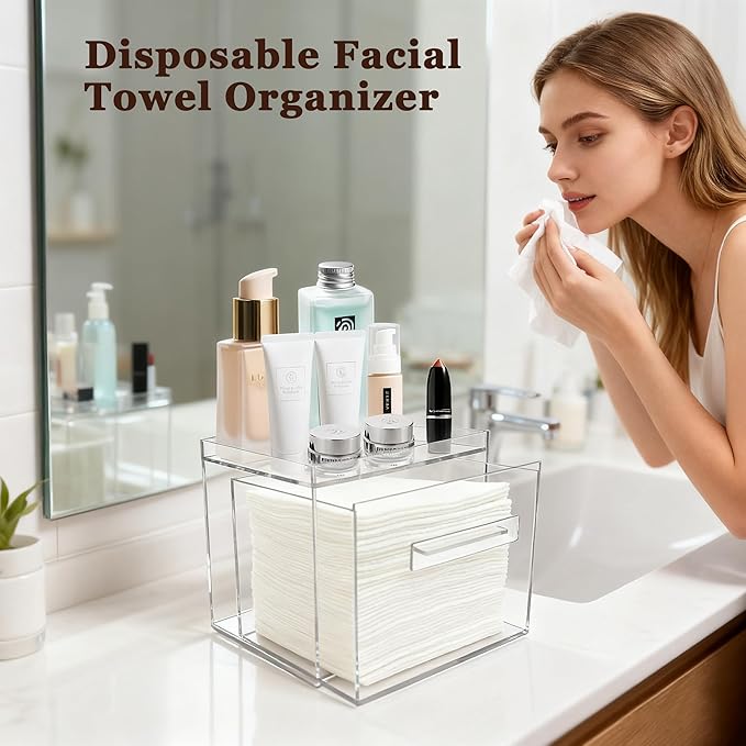 Disposable Facial Towel Holder, Acrylic Container Compatible with Clean Skin Club Towel XL, Clear Storage Box for Bathroom and Vanity Countertop