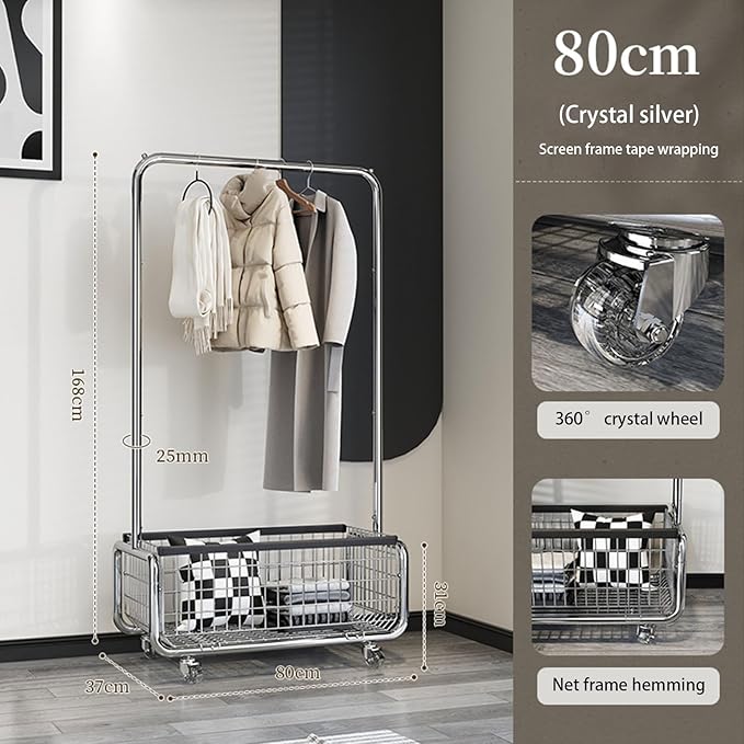 Freestanding Clothes Rack,Metal Coat Rack with Movable Storage Basket,360° Rolling Clothes Rack,Mobile Storage Coat Rack for Bedroom (Size : 80cm)
