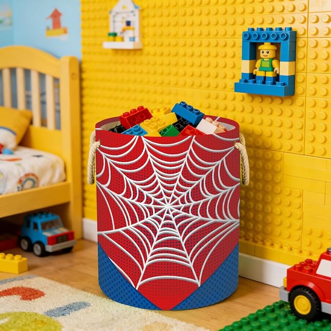 Red Spider Web Laundry Hamper - 58L Collapsible Waterproof Large Tall Nursery Storage Baskets Bin for Kids Toys, Clothes, Bathroom, Boys Bedroom Comic Hero Decor, Gift Basket