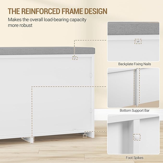 2 Tier Shoe Storage Bench with Doors, 47.2" Farmhouse Shoe Bench with Padded Cushion, 12 Pairs of Bed End Bench, Entryway Bench with Storage for Bedroom, Living Room, White SB61203X