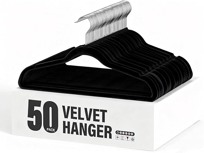 Simple Deluxe 50 Pack Heavy Duty Velvet Clothes Hangers, Non-Slip Closet Hangers with Shoulder Notches & 360° Swivel Hooks, Space-Saving Hangers for Coats & Suits, Black