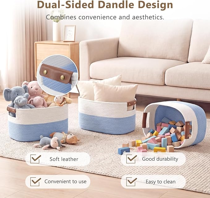 Cotton Rope Basket, Storage Baskets with Handle, 15x10x9 Inch Woven Basket for Shelves, Laundry, Towels, Clothes, Books (White/Blue 3Pack)