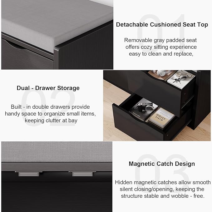 LVB 2-Tier Storage Bench with Padded Seat Cushion, Entryway Bench with 2 Drawers, Removable Barn Doors & Adjustable Shelf, Industrial Shoe Bench for Hallway, Bedroom, Living Room,Black Oak, 40 Inch