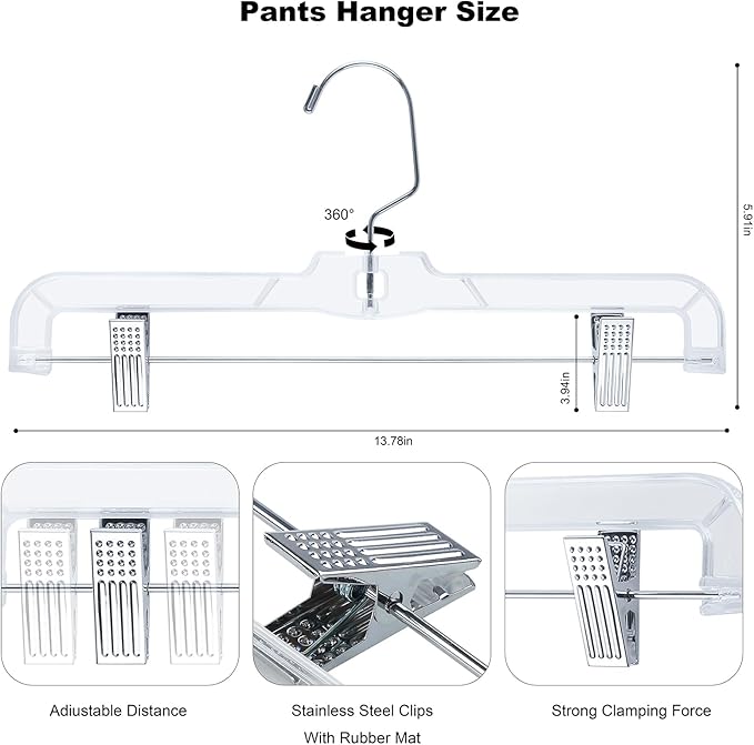 16-Pack Plastic Transparent Trouser Hangers, Adjustable Women's Skirt Hangers, Transparent Acrylic Space-Saving Plastic Hangers