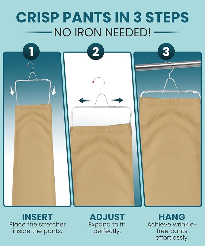 Pants Stretcher with Durable Wire Hanger – Wrinkle-Free, Perfectly Creased Drying for Jeans, Dress Pants, Slim Fit, Chinos, Slacks & Cargo. Adjustable Stretchers for Optimal Fit.