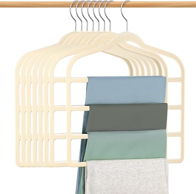 Velvet Hangers Space Saving Non Slip Pant Velvet Hangers, DUDUCOFU 8 Pack Beige Multi Layer Clothes Hangers Closet Organizer for Pants Trousers Scarf