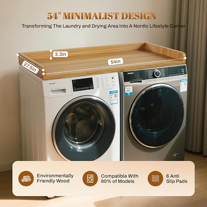 GCCSJ Washer Dryer Countertop, 54" Width x 27.5" Depth Wood Laundry Topper with Edge & Non-Slip Pads for Laundry Room Organization Storage & Clothes Folding, Oak