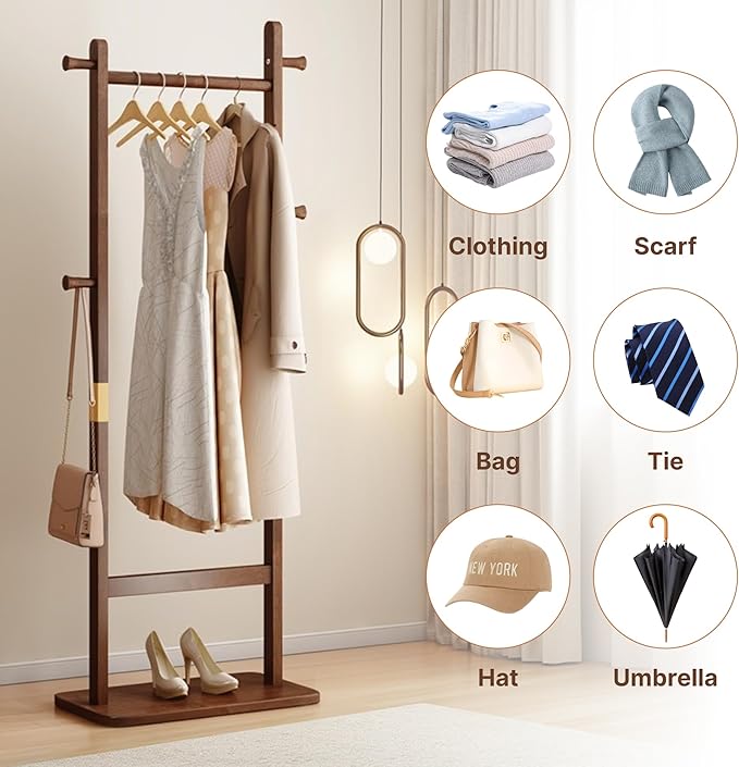 CHANCEE Solid Wood Coat Rack, Freestanding Clothes Rack with Shoe Storage, Heavy-Duty Hall Tree with 5 Hooks, Corner Coat & Hat Stand for Bedroom, Entryway, Living Room, Hotel