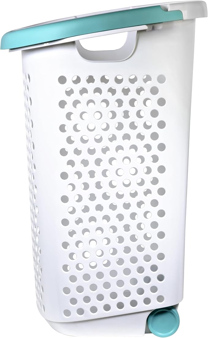 2Bushel -Wheeled Laundry Plastic Basket ，With a Handle, Lightweight and Durable, With Wheels, Suitable for Apartments, Bedrooms, Bathrooms and Laundry Rooms (15.47x 20.11 x 25 in)