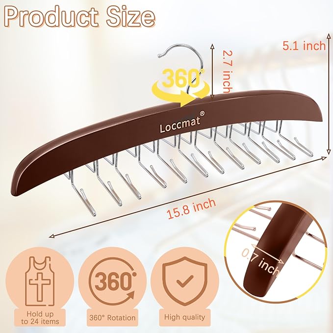 2Pcs Tank Top Hanger,Wood Bra Hanger with 24 Foldable Metal Hooks,360° Rotating Tank Hook,Tie Racks for Men Closet,Space Saving Closet Organizer for Tank Top Bra Tie Belt Scarf Camisole,Coffee