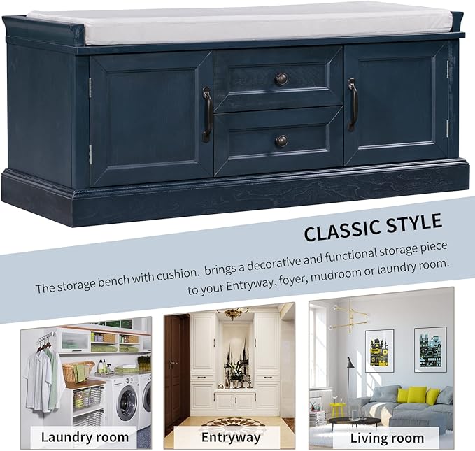 Knocbel 42.5" Entry Storage Bench with Removable Cushion, 2 Drawers and 2 Cabinets, Entryway Hallway Foyer Shoe Bench End of Bed Bench with Aluminum Handles, 200lbs Weight Capacity (Antique Navy)