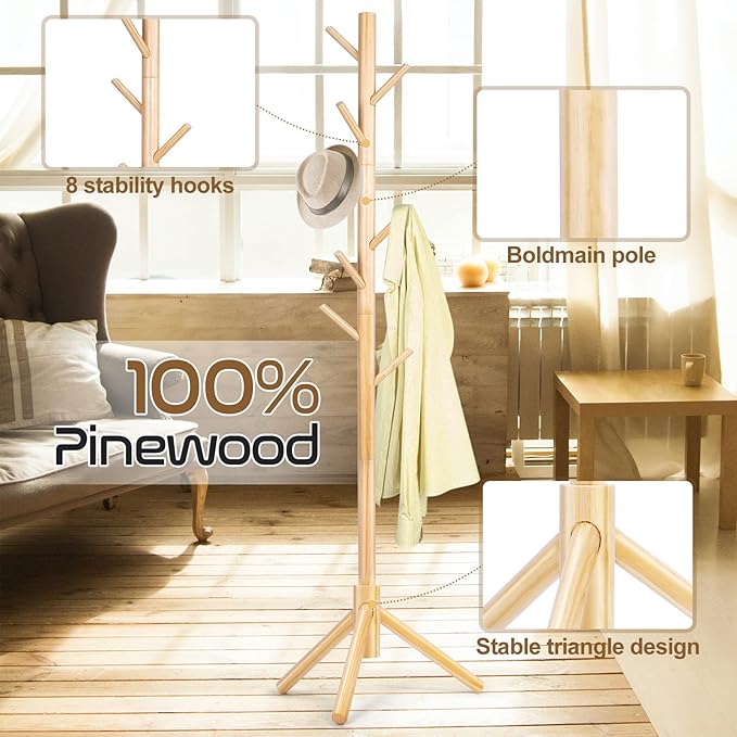 Solid Wooden Coat Rack Freestanding, New Zealand Pine Coat Tree with 8 Hooks & 3 Adjustable Sizes for Coats, Hats, Handbags and Scarves, Space Saving for Entryway/Office/Bedroom (Nature)