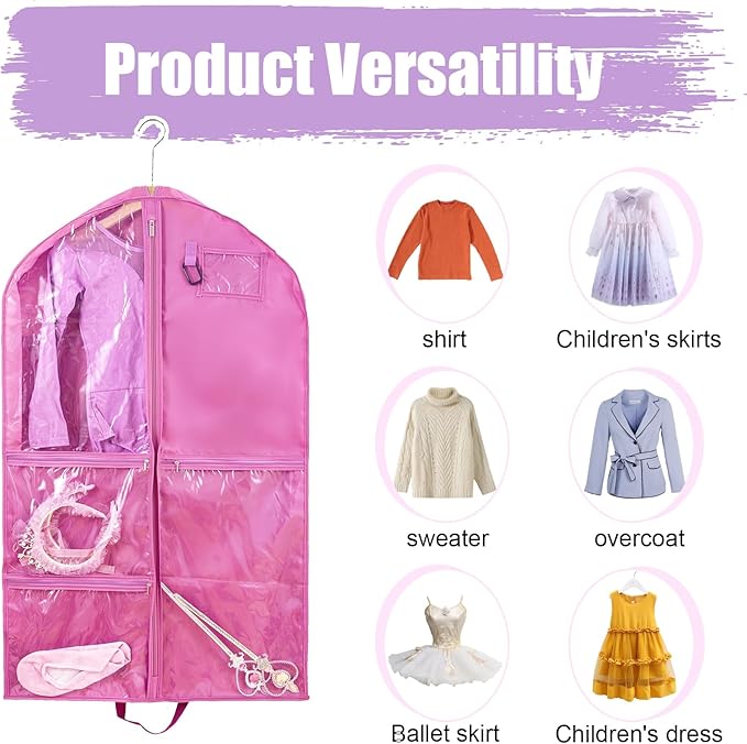2 Pack Garment Bags for Travel Storage,Dance Costumes Bag,Garment Bag for Dancers,Kids Girls Garment Bags for Hanging Clothes,40Inch Pink Dance Recital Cheer Uniform Dance Bags