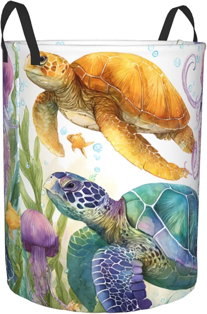 Sea Turtle Laundry Hamper, Collapsible Storage Basket with Handles for Clothes, Bedroom, Bathroom 19.6 x15.7 Inch