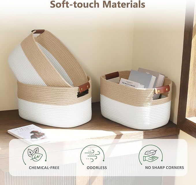 Cotton Rope Basket, Storage Baskets with Handle, 15x10x9 Inch Woven Basket for Shelves, Laundry, Towels, Clothes, Books (White/Beige 2Pack)
