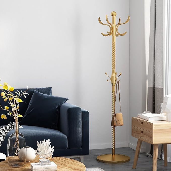 Metal Coat Rack Stand Coat Rack Freestanding with 12 Hooks Sturdy Heavy Duty Modern Coats Tree for Bags Clothes Hall Tree Hats Hanger Holder Stand for Entryway Bedroom Hallway Office, Gold