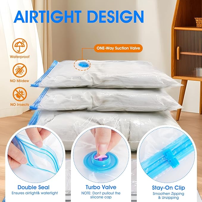 AROIC 50 Pack Vacuum Storage Bags, 5 Sizes + 2 Roll-up (8 Each) Space Saver Vacuum Sealer Bags for Clothing with 1 Electric Pump and 1 Hand Pump, Seasonal Storage Bags for Luggage, Travel Essentials